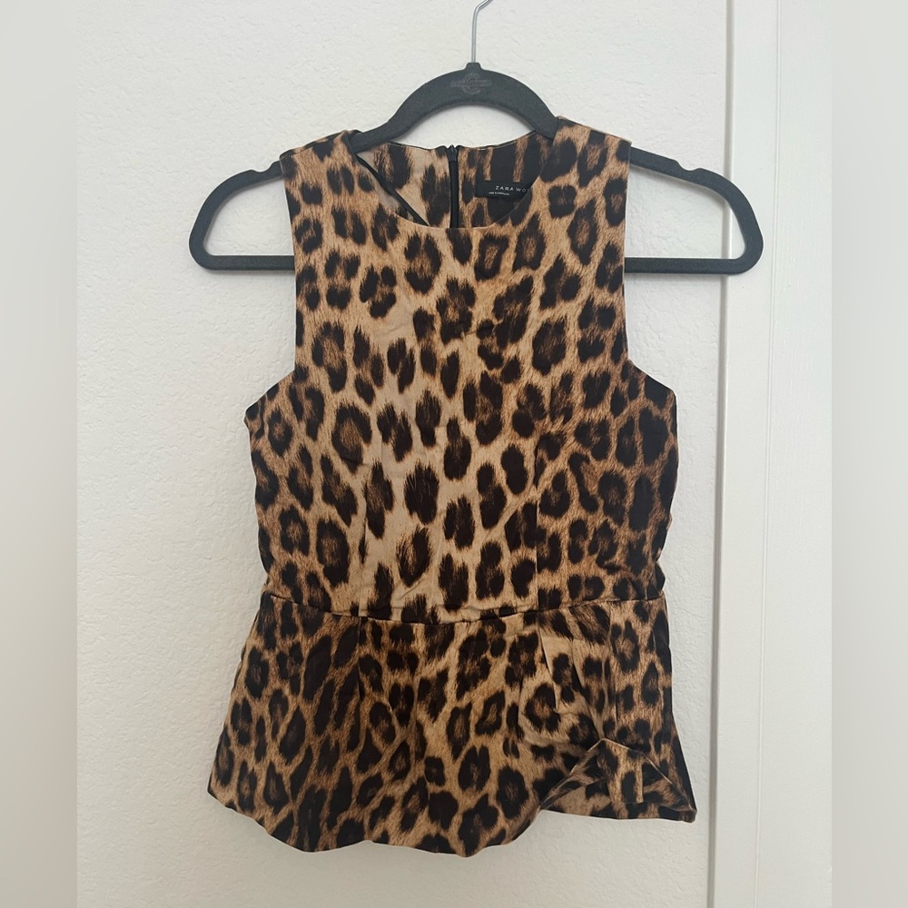 Zara Leopard Print Sleeveless Peplum Top - Brown & Black